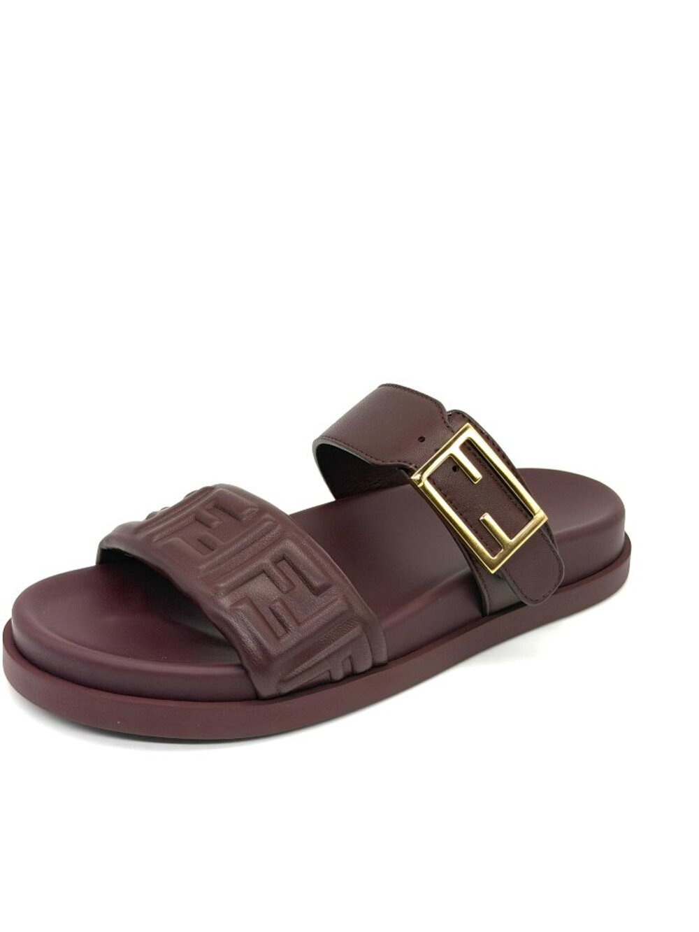 FENDI Feel FF Logo Double Band Flat Leather Slide Dad Sandals Shoes Plum - Picture 3 of 14